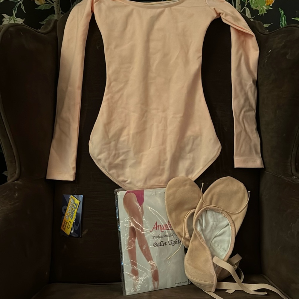 New pink Capezio, small leotard slippers, and tights